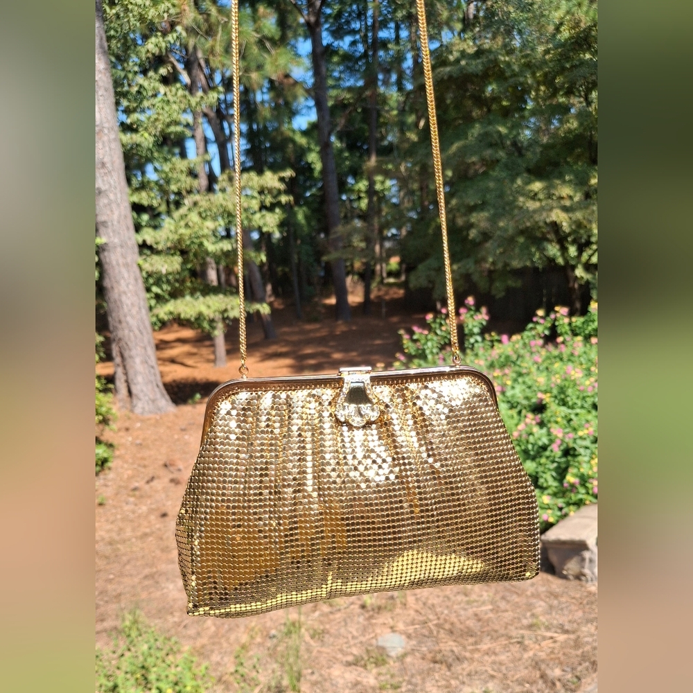 Vintage Whiting & Davis Gold Chain Mesh Art Deco Rhinestone Clasp Evening Bag - Picture 12 of 14